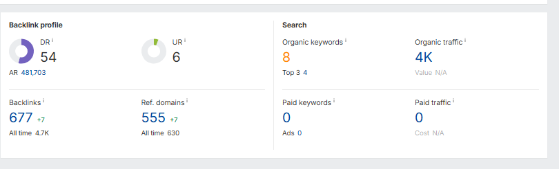 Ahrefs overview showing Domain Rating 54 against only 8 organic keywords and 4,000 monthly organic traffic