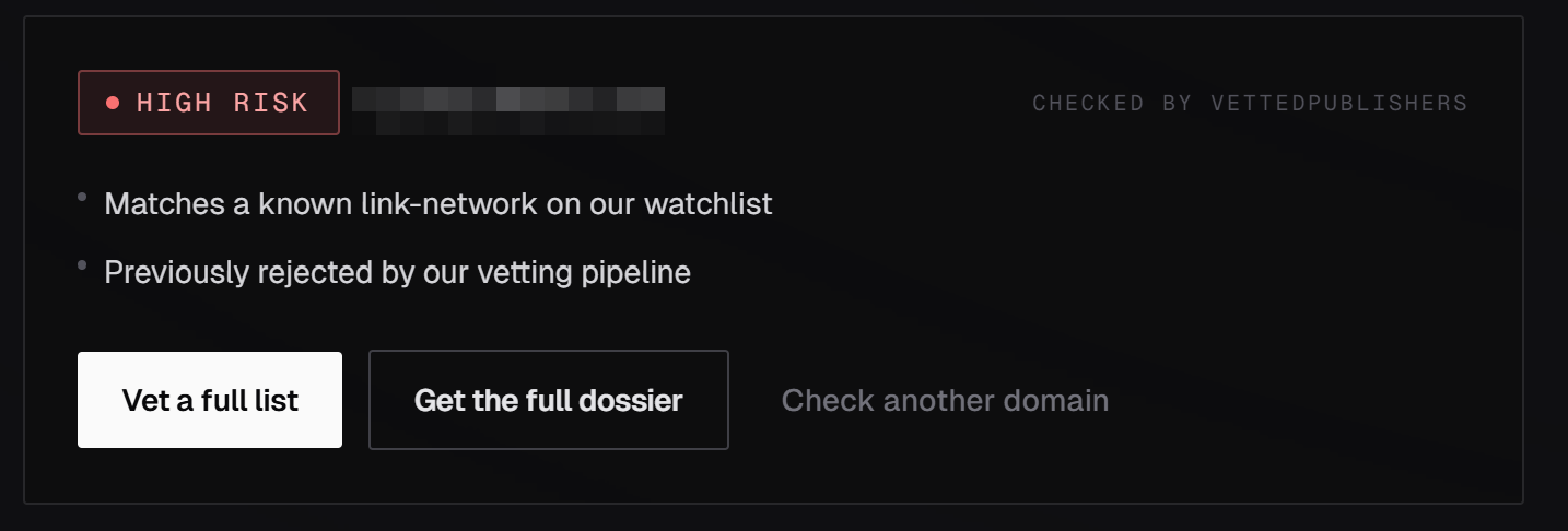A real HIGH RISK TrustCheck verdict from the tool, with the domain name hidden